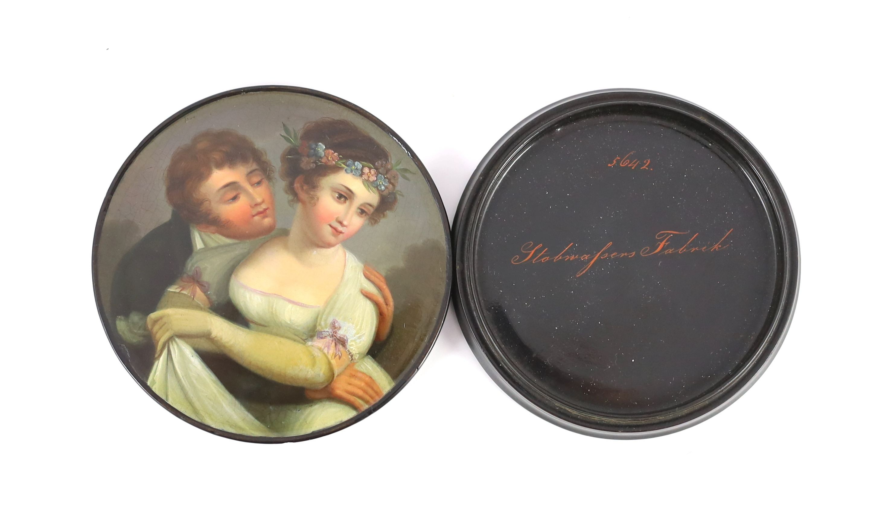 A Stobwasser papier mache snuff box, 9.5cm